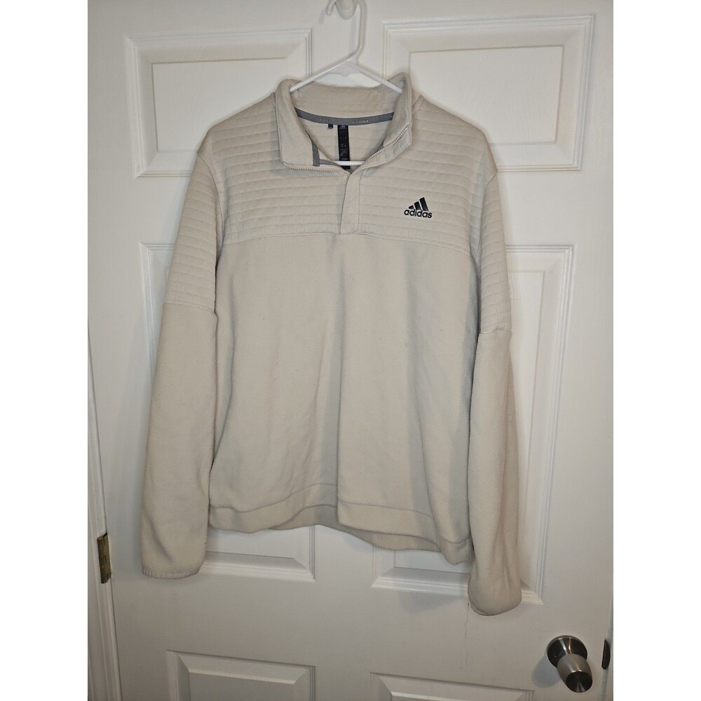 adidas Men's Beige 1/4 Zip Fleece Pullover Sweatshirt Mock Neck Logo L Large